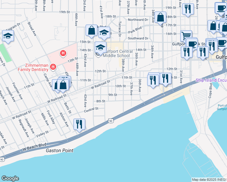 map of restaurants, bars, coffee shops, grocery stores, and more near 900 40th Ave in Gulfport