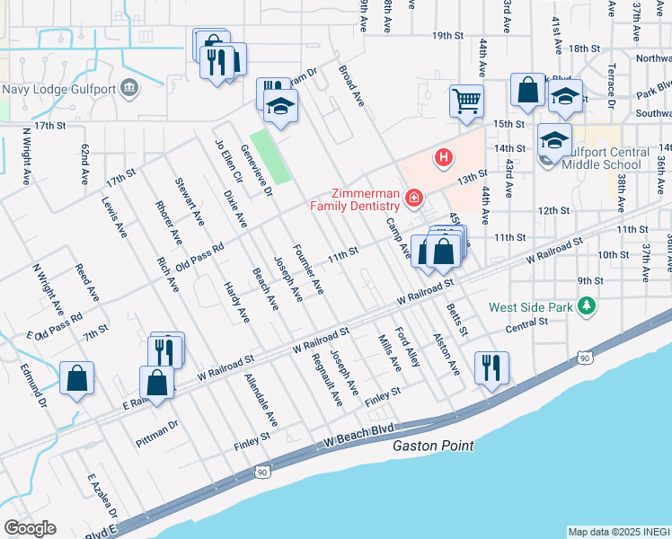 map of restaurants, bars, coffee shops, grocery stores, and more near 4705 11th Street in Gulfport