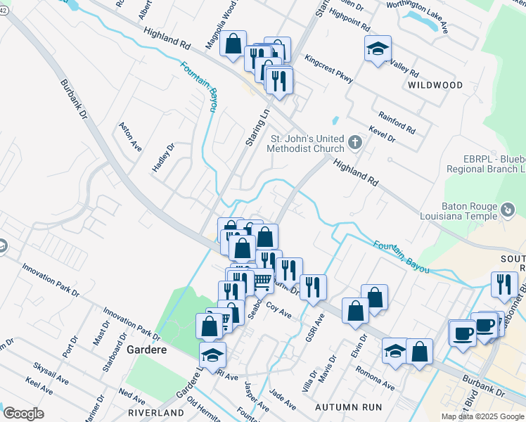 map of restaurants, bars, coffee shops, grocery stores, and more near 8262 Governor Drive in Baton Rouge