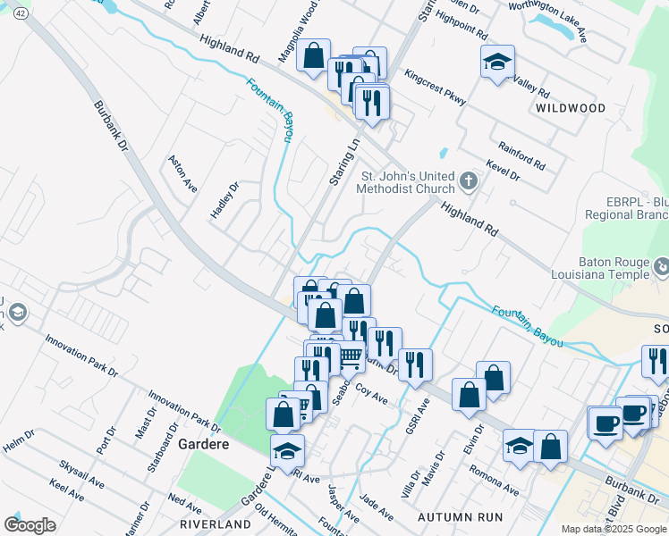 map of restaurants, bars, coffee shops, grocery stores, and more near 8262 Governor Drive in Baton Rouge