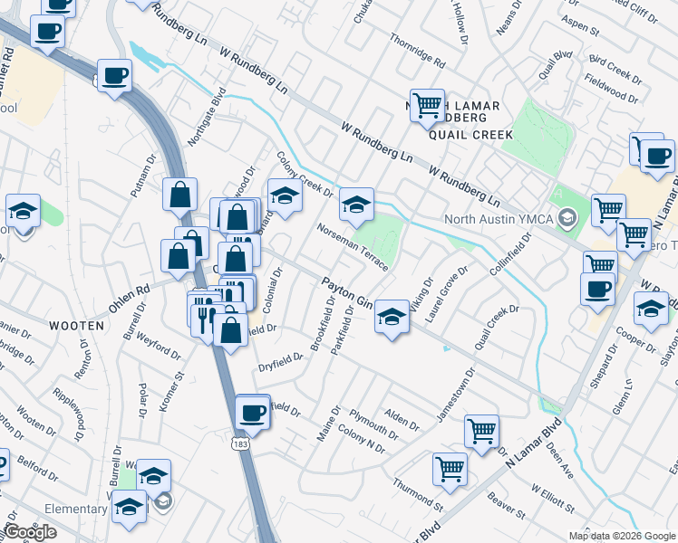 map of restaurants, bars, coffee shops, grocery stores, and more near 1401 Westbury Trail in Austin