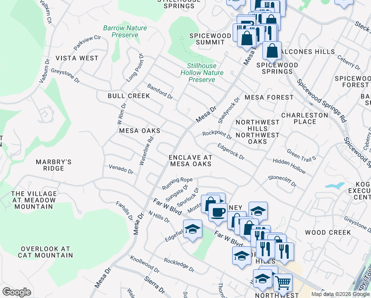map of restaurants, bars, coffee shops, grocery stores, and more near 7305 Mesa Drive in Austin