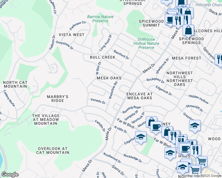 map of restaurants, bars, coffee shops, grocery stores, and more near 7211 Waterline Road in Austin