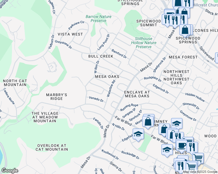 map of restaurants, bars, coffee shops, grocery stores, and more near 7211 Waterline Road in Austin