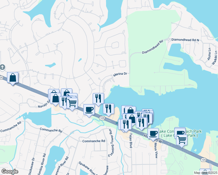 map of restaurants, bars, coffee shops, grocery stores, and more near 15575 Marina Drive in Montgomery