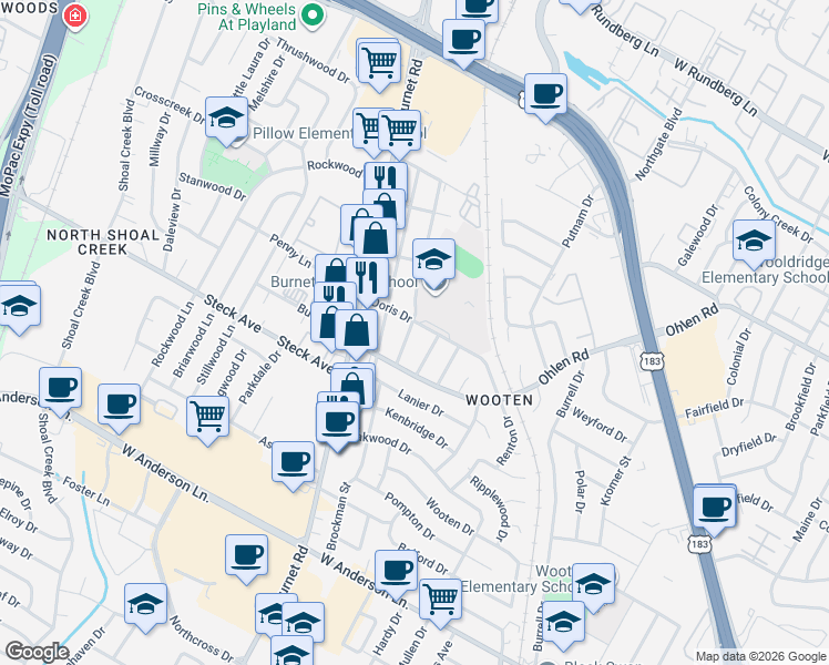 map of restaurants, bars, coffee shops, grocery stores, and more near 8311 Hathaway Drive in Austin