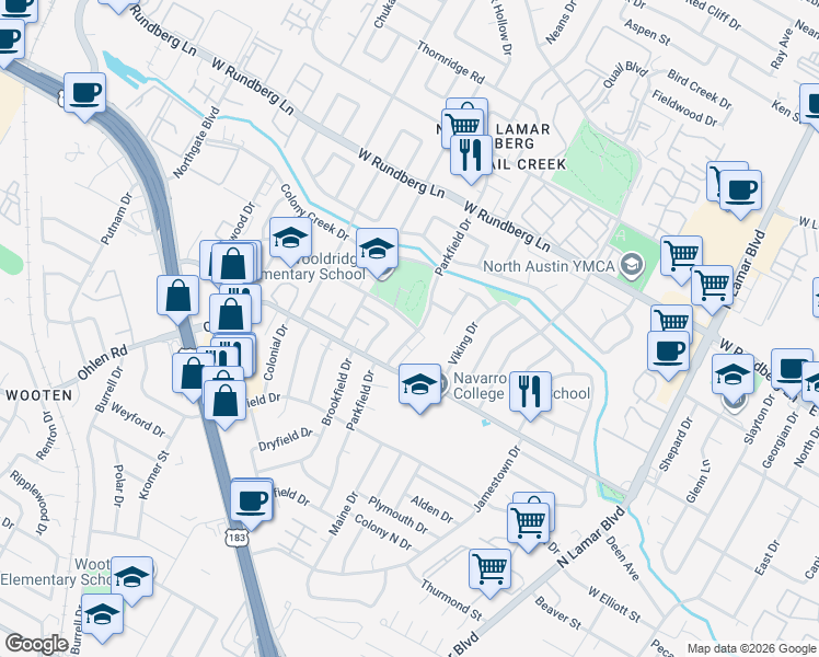 map of restaurants, bars, coffee shops, grocery stores, and more near 8909 Parkfield Drive in Austin