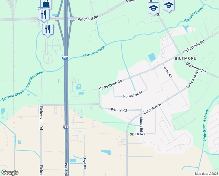 map of restaurants, bars, coffee shops, grocery stores, and more near 6212 Pickettville Road in Jacksonville
