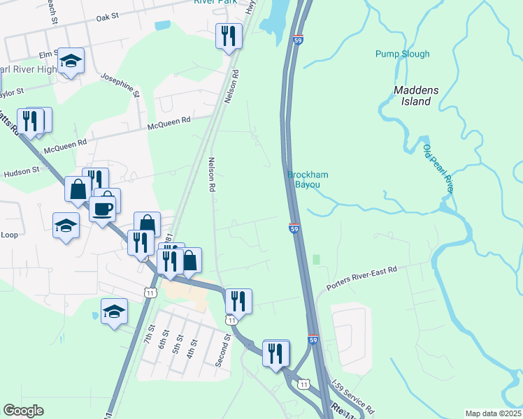 map of restaurants, bars, coffee shops, grocery stores, and more near 29 Lewis Lane in Pearl River