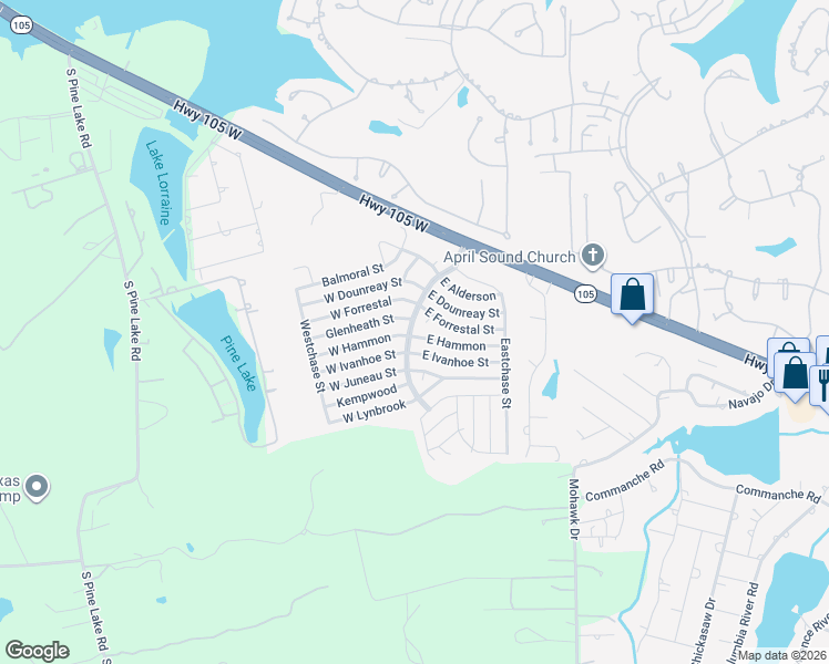 map of restaurants, bars, coffee shops, grocery stores, and more near 16674 East Hammon in Montgomery