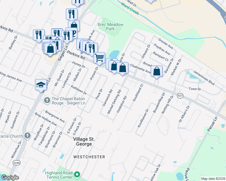 map of restaurants, bars, coffee shops, grocery stores, and more near 1885 Gamwich Road in Baton Rouge