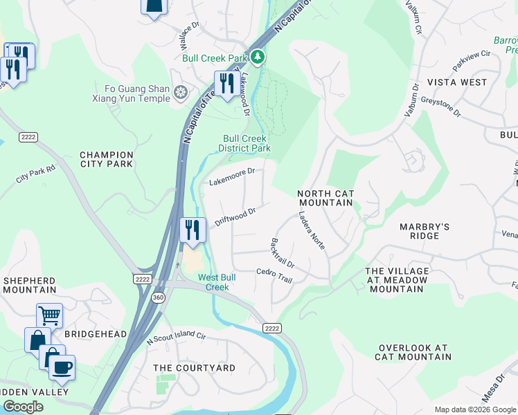 map of restaurants, bars, coffee shops, grocery stores, and more near 5501 Driftwood Dr in Austin