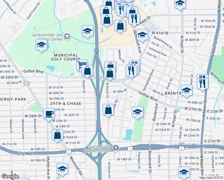 map of restaurants, bars, coffee shops, grocery stores, and more near 810 West 30th Street in Jacksonville