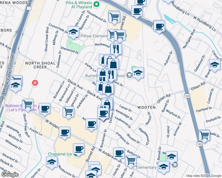 map of restaurants, bars, coffee shops, grocery stores, and more near 8303 Burnet Road in Austin