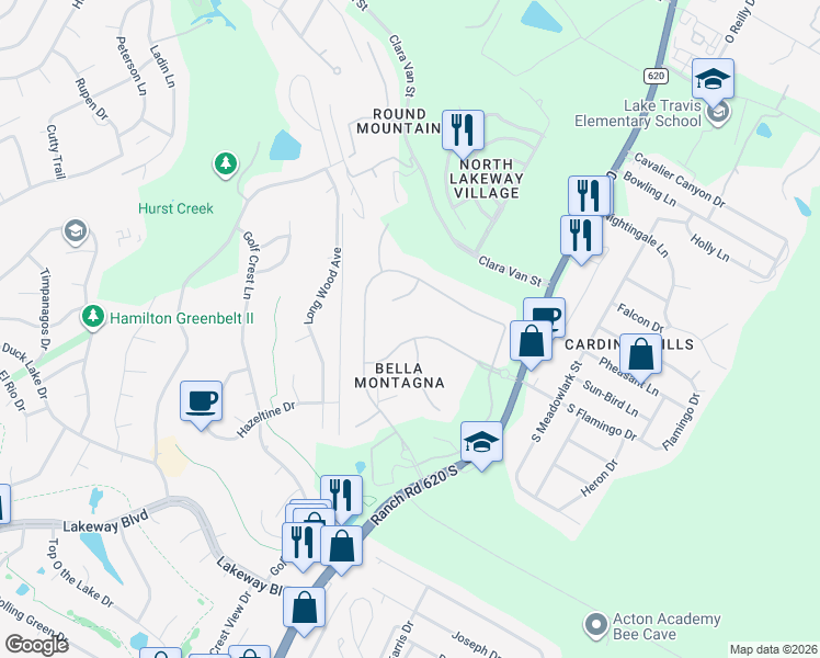map of restaurants, bars, coffee shops, grocery stores, and more near 105 Palazza Alto Drive in Austin