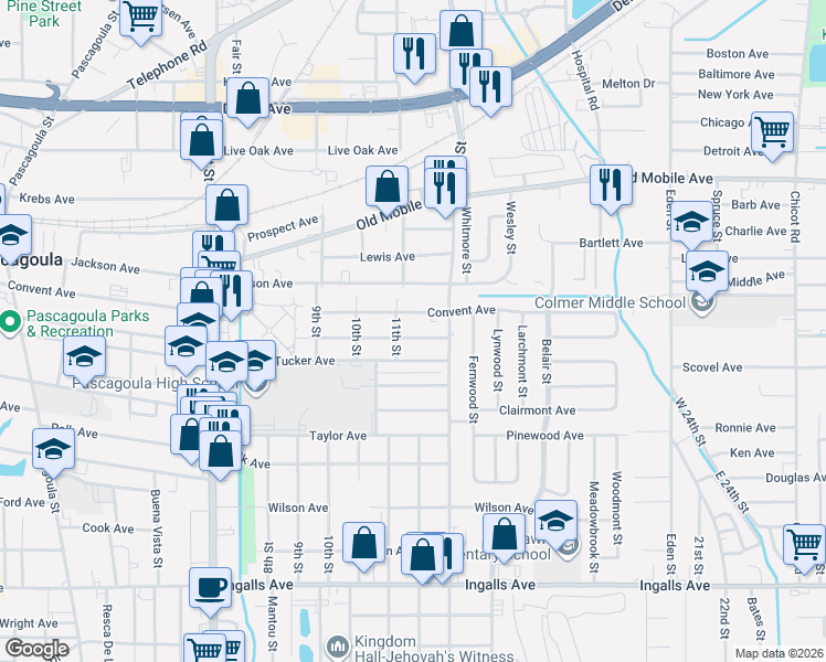 map of restaurants, bars, coffee shops, grocery stores, and more near 2214 Fulton Avenue in Pascagoula