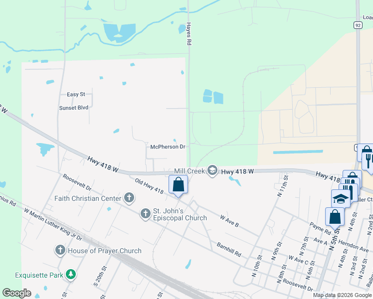 map of restaurants, bars, coffee shops, grocery stores, and more near 140 McPherson Drive in Silsbee
