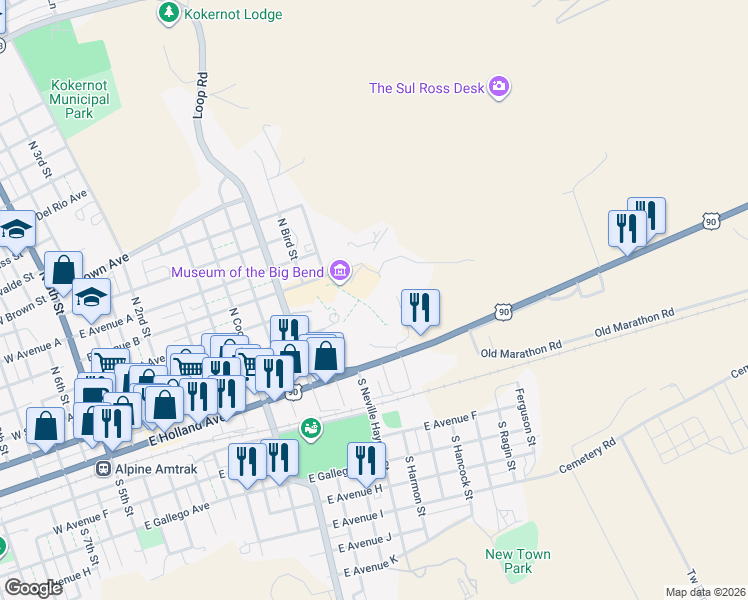 map of restaurants, bars, coffee shops, grocery stores, and more near in Alpine