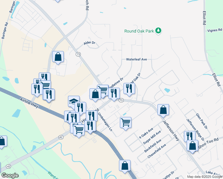 map of restaurants, bars, coffee shops, grocery stores, and more near 9524 Round Oak Drive in Baton Rouge