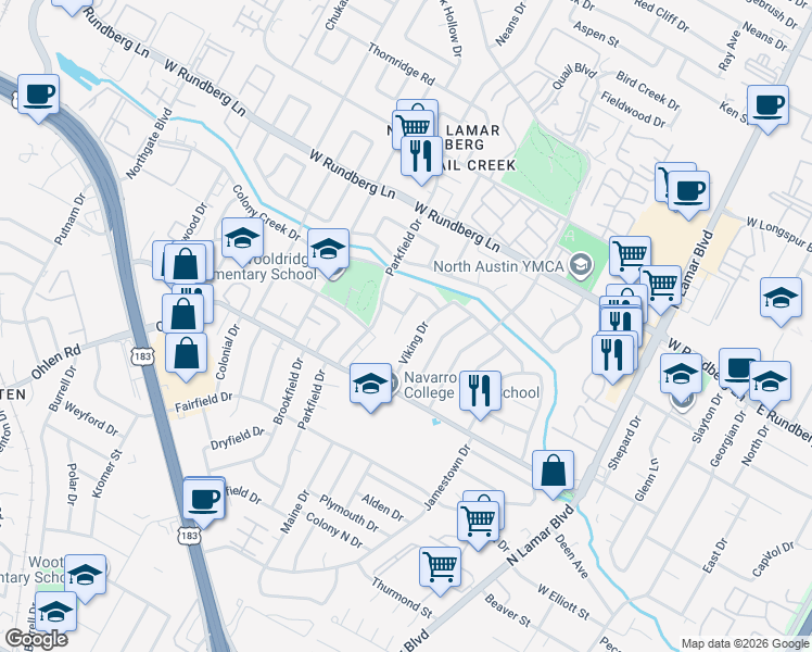 map of restaurants, bars, coffee shops, grocery stores, and more near 9000 Viking Drive in Austin