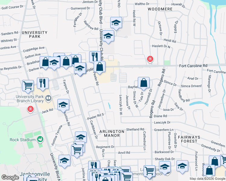 map of restaurants, bars, coffee shops, grocery stores, and more near 6170 Woodette Way in Jacksonville