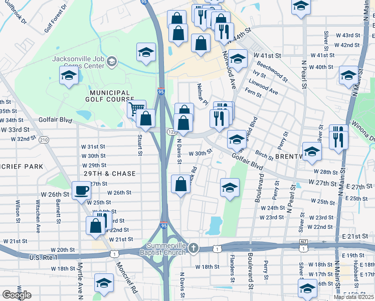 map of restaurants, bars, coffee shops, grocery stores, and more near 810 West 30th Street in Jacksonville
