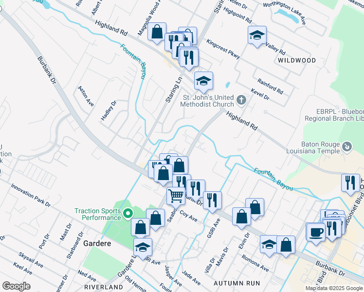 map of restaurants, bars, coffee shops, grocery stores, and more near 8262 Governor Drive in Baton Rouge