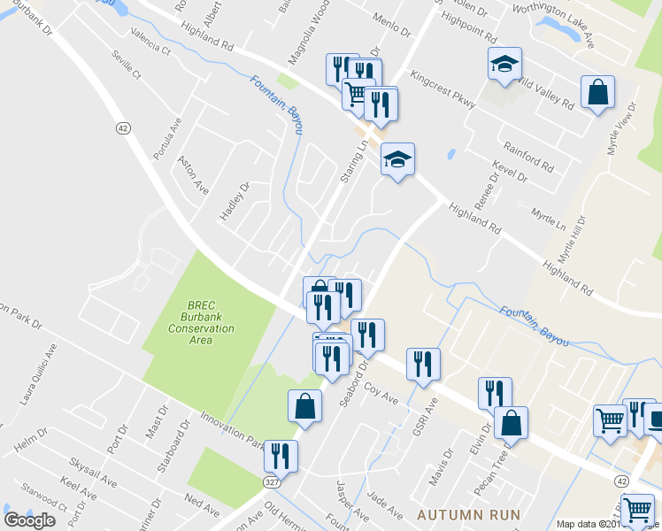 map of restaurants, bars, coffee shops, grocery stores, and more near 8219 Bayou Fountain Avenue in Baton Rouge