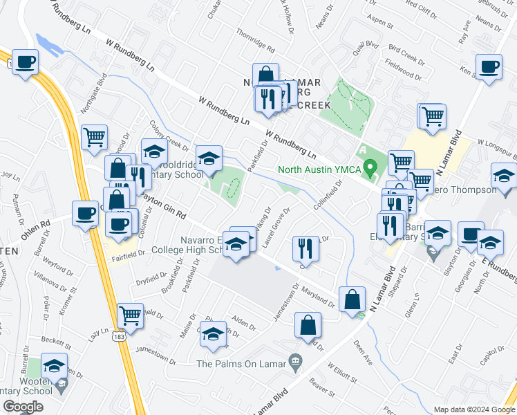 map of restaurants, bars, coffee shops, grocery stores, and more near 9000 Viking Drive in Austin