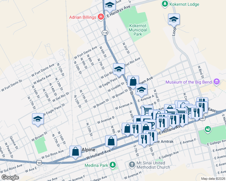 map of restaurants, bars, coffee shops, grocery stores, and more near 806 North 8th Street in Alpine