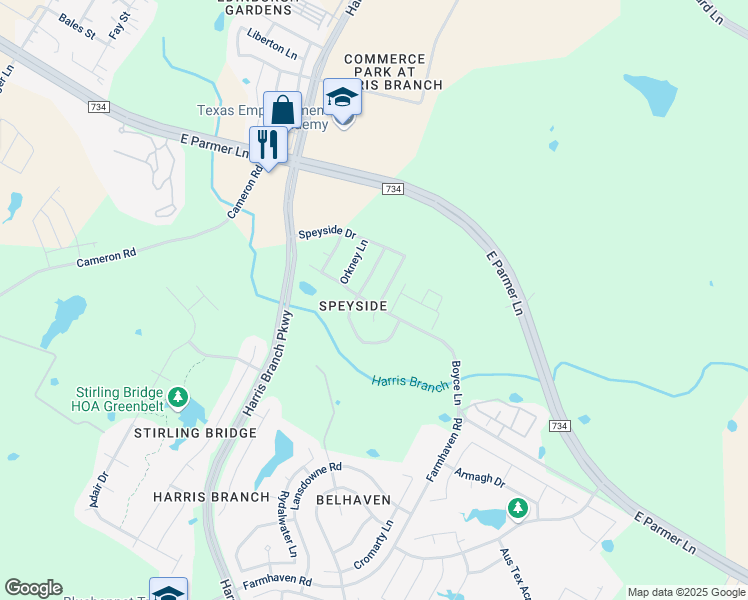 map of restaurants, bars, coffee shops, grocery stores, and more near 12113 Innes View Road in Austin
