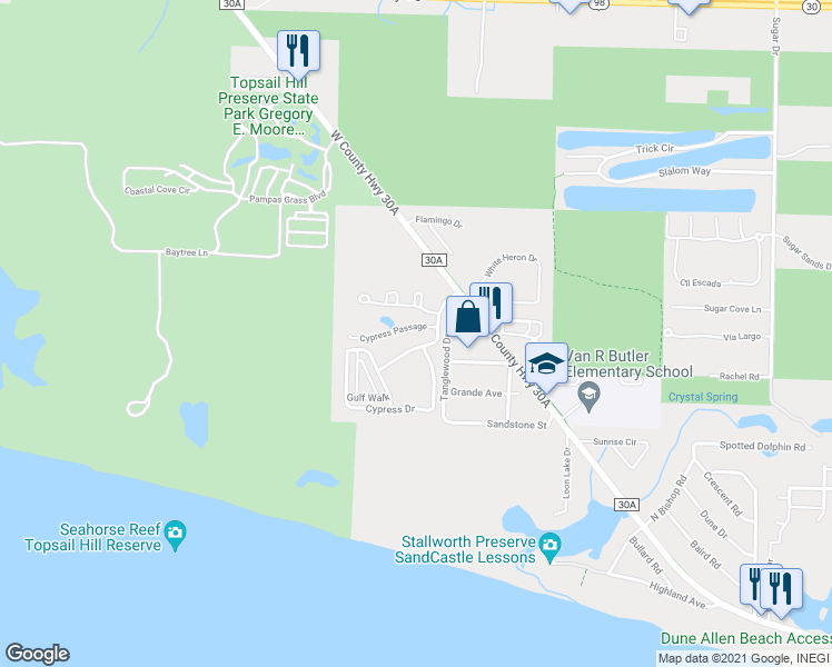 map of restaurants, bars, coffee shops, grocery stores, and more near 47 Cypress Passage in Santa Rosa Beach