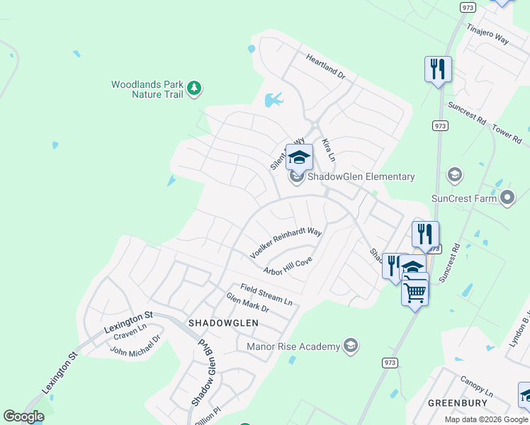 map of restaurants, bars, coffee shops, grocery stores, and more near 11701 Pine Mist Court in Manor