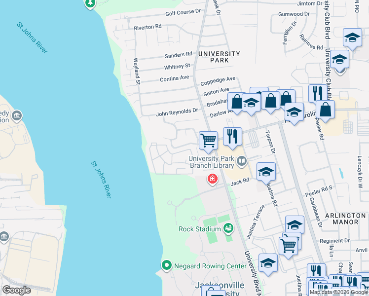map of restaurants, bars, coffee shops, grocery stores, and more near 5440 Fort Caroline Road in Jacksonville