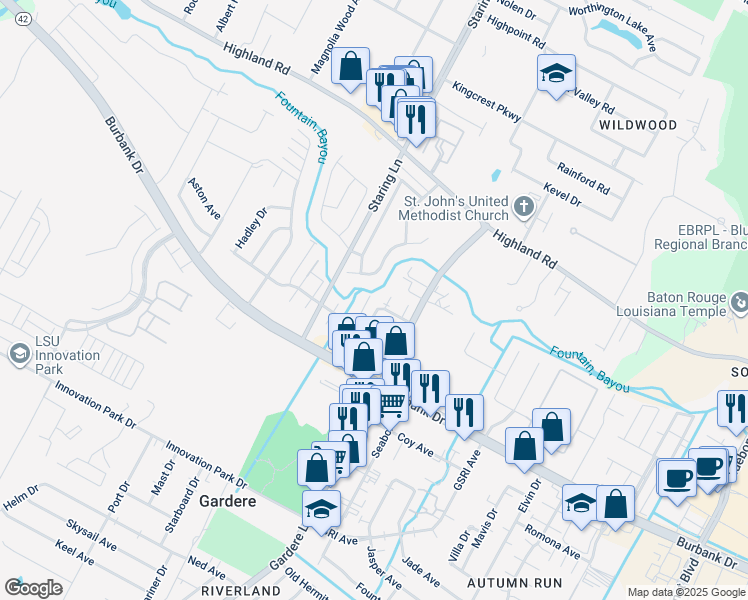 map of restaurants, bars, coffee shops, grocery stores, and more near 8259 Bayou Fountain Avenue in Baton Rouge