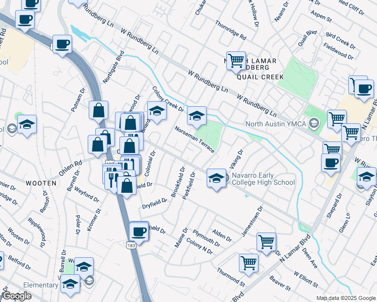 map of restaurants, bars, coffee shops, grocery stores, and more near 1401 Westbury Trail in Austin