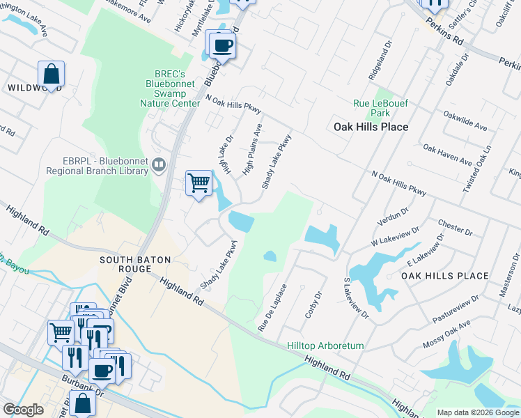 map of restaurants, bars, coffee shops, grocery stores, and more near 530 Shady Lake Parkway in Baton Rouge