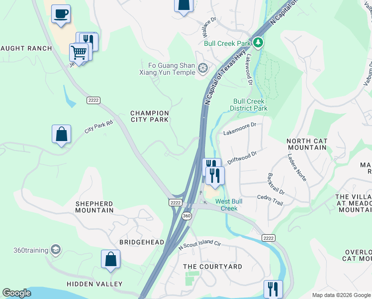 map of restaurants, bars, coffee shops, grocery stores, and more near 6502 Champion Grandview Way in Austin