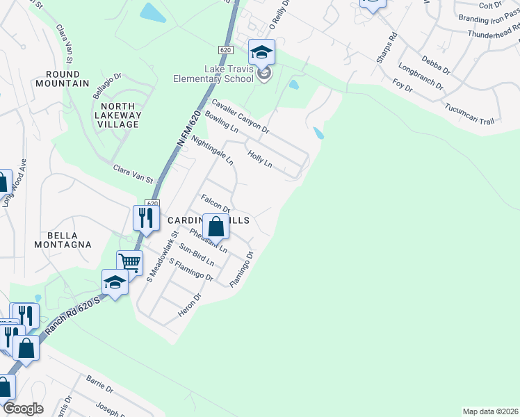 map of restaurants, bars, coffee shops, grocery stores, and more near 15006 Nightingale Lane in Austin