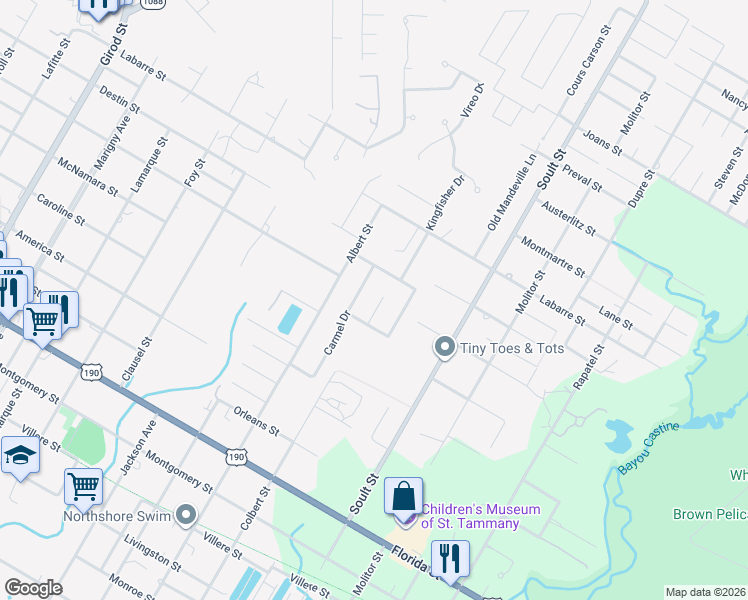 map of restaurants, bars, coffee shops, grocery stores, and more near 535 Buttonwillow Court in Mandeville