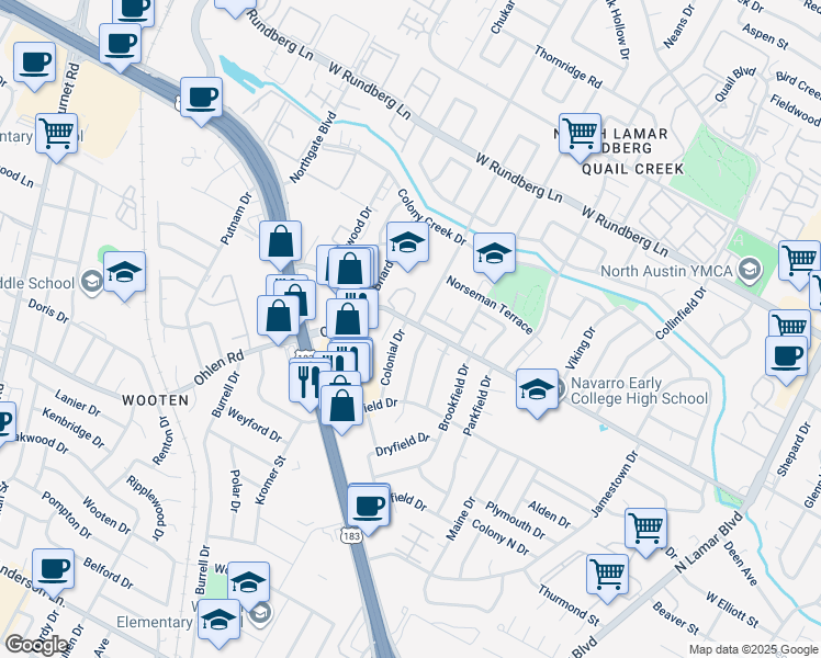 map of restaurants, bars, coffee shops, grocery stores, and more near 8806 Clarewood Drive in Austin