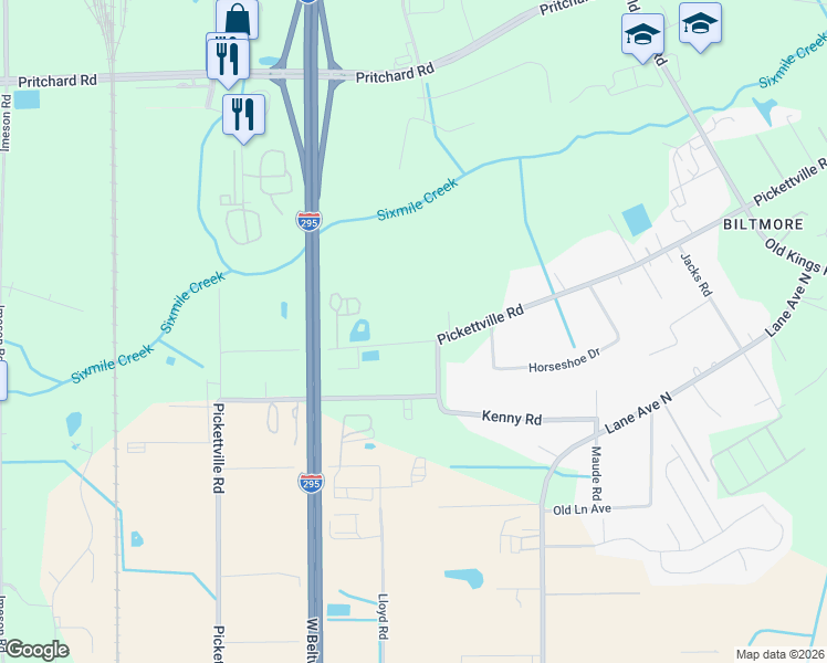 map of restaurants, bars, coffee shops, grocery stores, and more near 6453 Robinson Road in Jacksonville