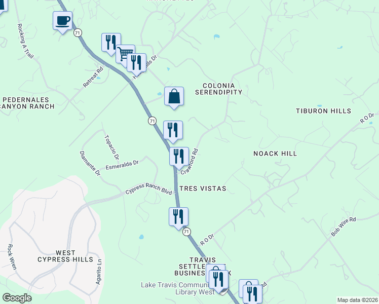 map of restaurants, bars, coffee shops, grocery stores, and more near 21732 State Highway 71 in Spicewood