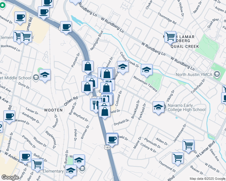 map of restaurants, bars, coffee shops, grocery stores, and more near 1611 Payton Gin Road in Austin