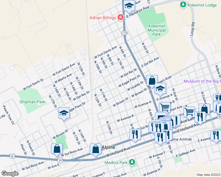 map of restaurants, bars, coffee shops, grocery stores, and more near 901-907 North 10th Street in Alpine