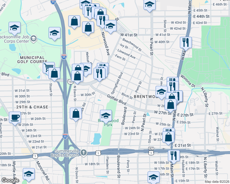 map of restaurants, bars, coffee shops, grocery stores, and more near 3820 Laurie Street in Jacksonville