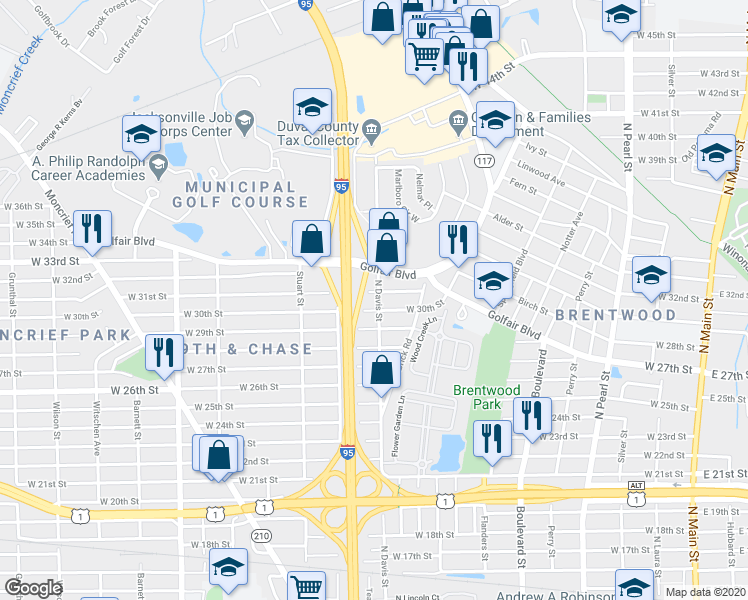 map of restaurants, bars, coffee shops, grocery stores, and more near 3924 North Davis Street in Jacksonville