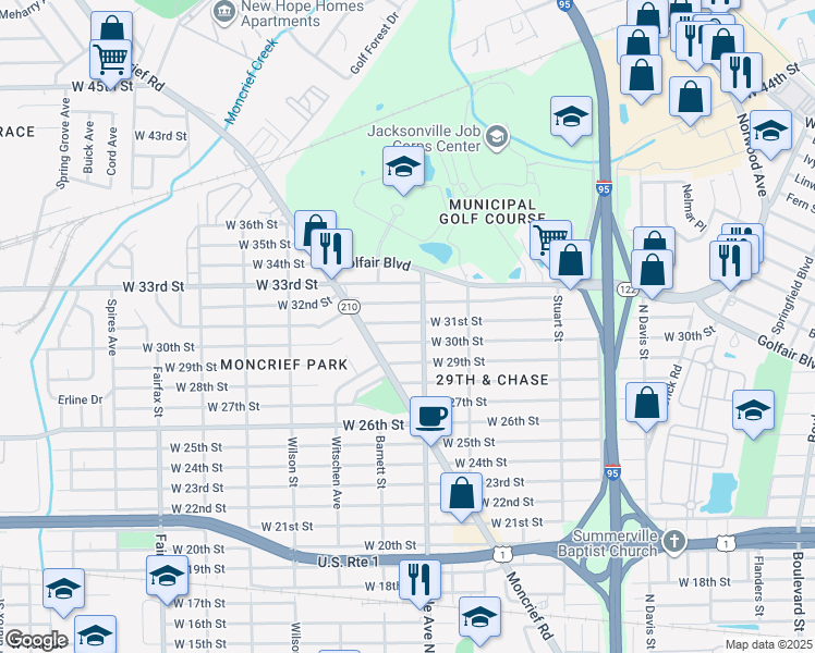 map of restaurants, bars, coffee shops, grocery stores, and more near 1311 West 30th Street in Jacksonville