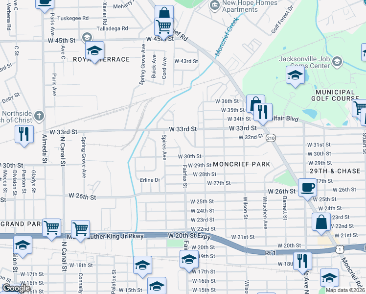 map of restaurants, bars, coffee shops, grocery stores, and more near 4014 Fairfax Street in Jacksonville