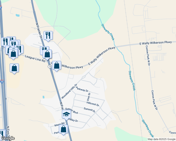 map of restaurants, bars, coffee shops, grocery stores, and more near 1 Ridgeway Drive in Conroe
